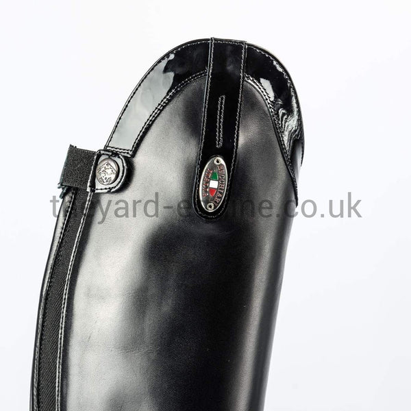 Secchiari Boots - Black Grainy with Patent Tops & Carbon Fibre Inside Leg-Ladies Riding Boots Standard Elastic Panel-Secchiari-The Yard