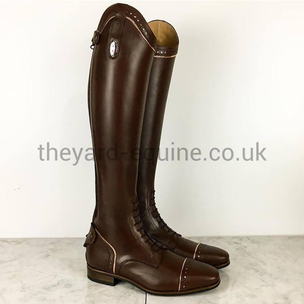 Secchiari Boots - Brown Smooth Leather with Punch Details & Rose Gold Piping-Ladies Riding Boots Standard Elastic Panel-Secchiari-The Yard