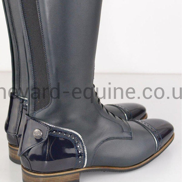 Secchiari Boots - Custom Blue with Patent, Punch &amp; SIlver PipingLadies Riding Boots Standard Elastic PanelThe Yard