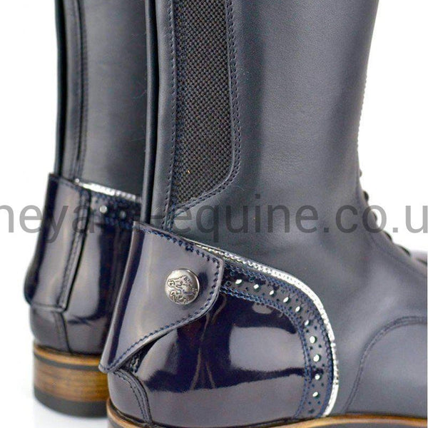 Secchiari Boots - Custom Blue with Patent, Punch &amp; SIlver PipingLadies Riding Boots Standard Elastic PanelThe Yard