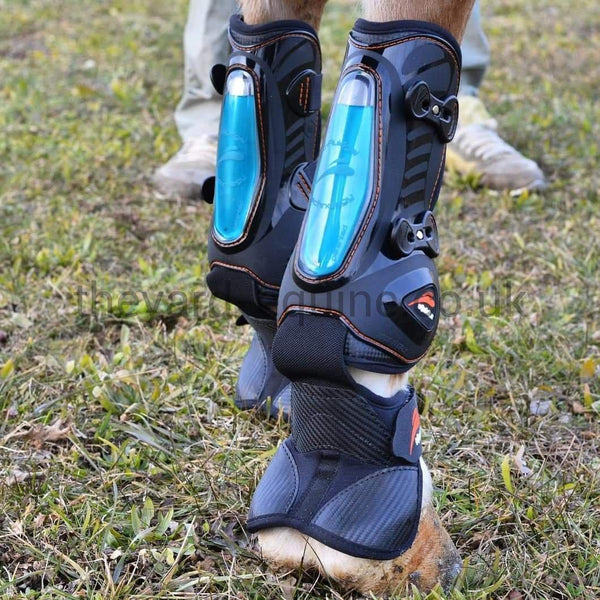 eQuick eShock Overreach Tendon Boots-Tendon Boots-eQuick-Small-Black (Blue gel)-Front-The Yard